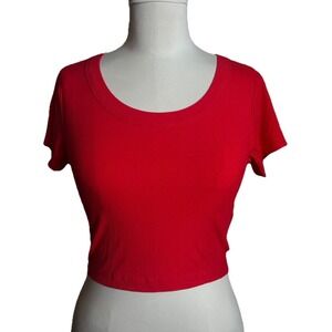 Zenana Womens Red Ribbed Knit Scoop Neck Crop Top Short Sleeve RRT-8492A5 Small